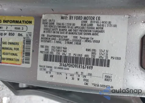 2014 Ford Fusion Se z USA, uszkodzony, nr VIN 3FA6P0HD9ER167449
